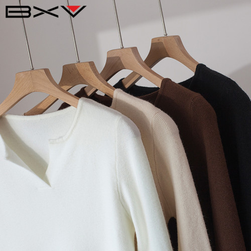 BXV米白色V領針織衫女2024秋季新款純色打底衫長袖套頭衫針織毛衣