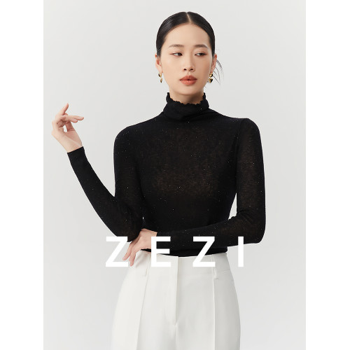 zezi毛衣女秋冬新款水溶珠片全羊毛針織衫柔軟細膩打底衫長袖百搭