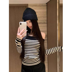 一字肩黑白條紋針織衫女秋冬內搭顯瘦打底衫純欲辣妹露肩撞色毛衣