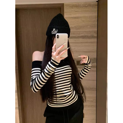 一字肩黑白條紋針織衫女秋冬內搭顯瘦打底衫純欲辣妹露肩撞色毛衣
