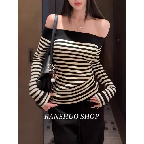 一字肩黑白條紋針織衫女秋冬內搭顯瘦打底衫純欲辣妹露肩撞色毛衣