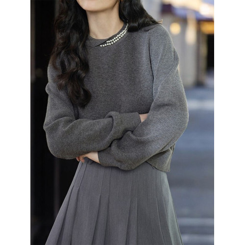 Basic House/百家好100%羊毛灰色圓領毛衣女秋季高級感內搭打底衫