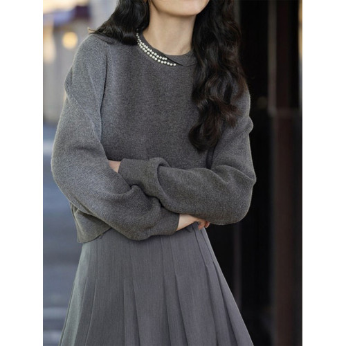 Basic House/百家好100%羊毛灰色圓領毛衣女秋季高級感內搭打底衫