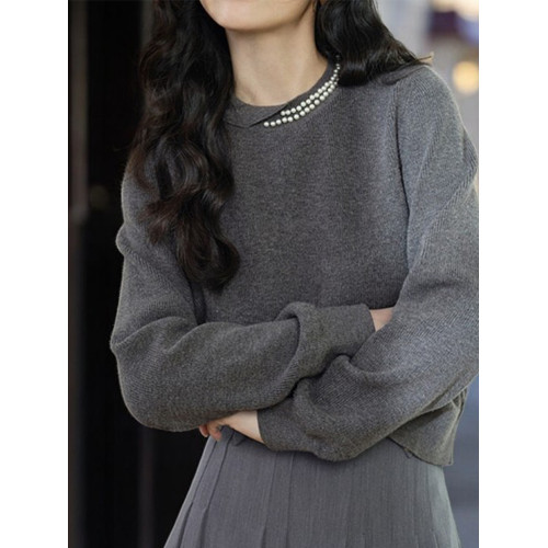 Basic House/百家好100%羊毛灰色圓領毛衣女秋季高級感內搭打底衫