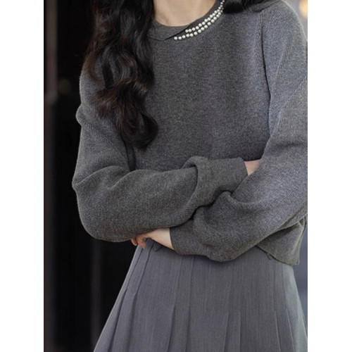 Basic House/百家好100%羊毛灰色圓領毛衣女秋季高級感內搭打底衫