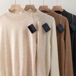 精紡敭子紗100細羊毛半高領針織打底衫女寬松休閒韓版通勤薄毛衣