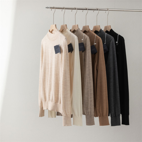 精紡敭子紗100細羊毛半高領針織打底衫女寬松休閒韓版通勤薄毛衣