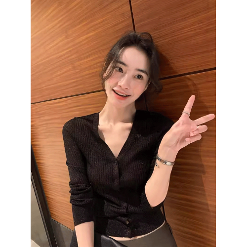 春秋新品~高級感碎金水光紗開衫針織修身打底衫上衣女薄款短外套