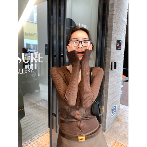 春秋新品~高級感碎金水光紗開衫針織修身打底衫上衣女薄款短外套