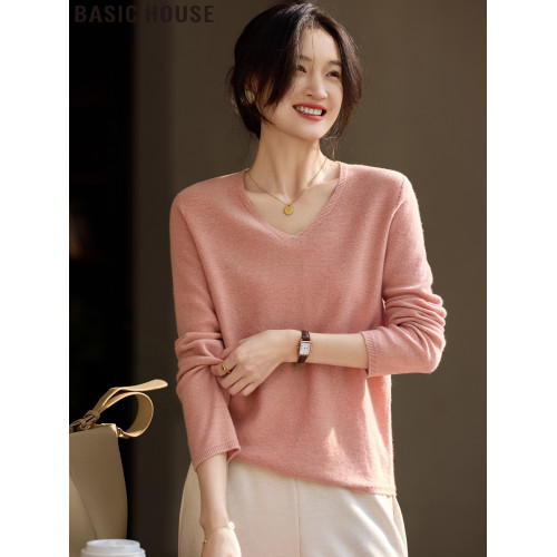 Basic House/百家好粉色雞心領時尚綿羊毛打底衫女士2025春季新款