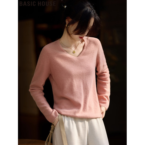 Basic House/百家好粉色雞心領時尚綿羊毛打底衫女士2025春季新款