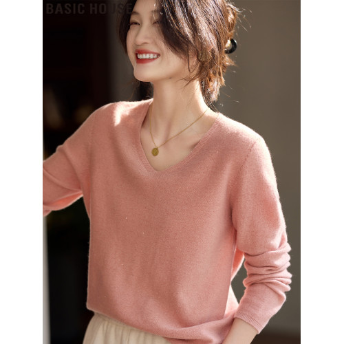 Basic House/百家好粉色雞心領時尚綿羊毛打底衫女士2025春季新款