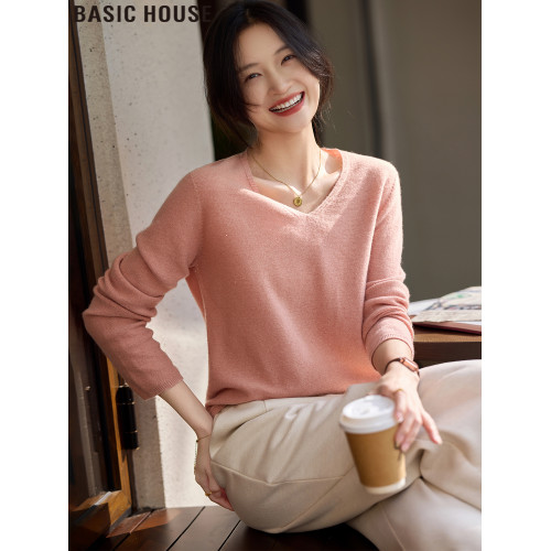 Basic House/百家好粉色雞心領時尚綿羊毛打底衫女士2025春季新款