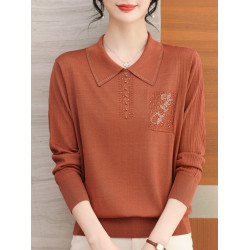 2024年新款翻領薄款針織衫女春裝中年媽媽毛衣洋氣時尚短款打底衫