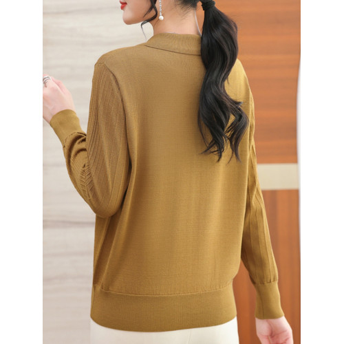 2024年新款翻領薄款針織衫女春裝中年媽媽毛衣洋氣時尚短款打底衫