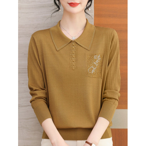 2024年新款翻領薄款針織衫女春裝中年媽媽毛衣洋氣時尚短款打底衫