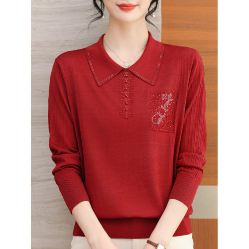 2024年新款翻領薄款針織衫女春裝中年媽媽毛衣洋氣時尚短款打底衫