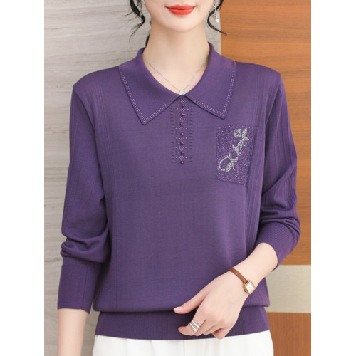 2024年新款翻領薄款針織衫女春裝中年媽媽毛衣洋氣時尚短款打底衫