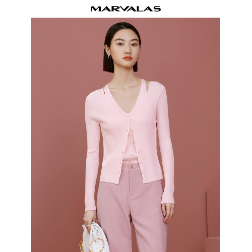 曼德詩假兩件開衫2025春秋新款時尚針織衫時髦拼接吊帶氣質打底衫