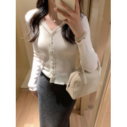 蕾絲花邊針織開衫女春秋季拼接v領打底衫上衣外搭薄款羊毛衫外套