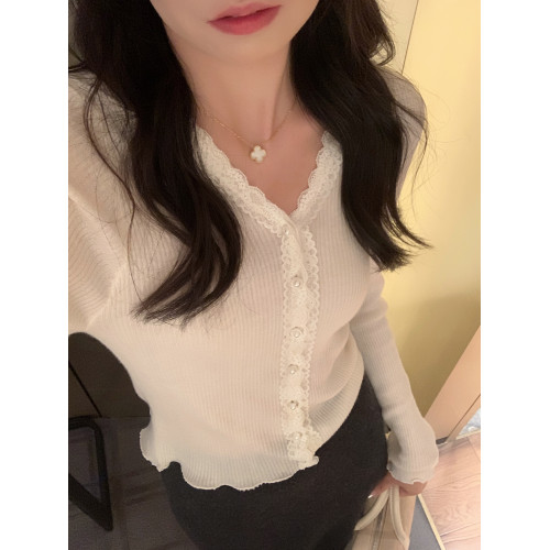 蕾絲花邊針織開衫女春秋季拼接v領打底衫上衣外搭薄款羊毛衫外套