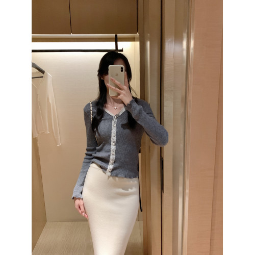 蕾絲花邊針織開衫女春秋季拼接v領打底衫上衣外搭薄款羊毛衫外套