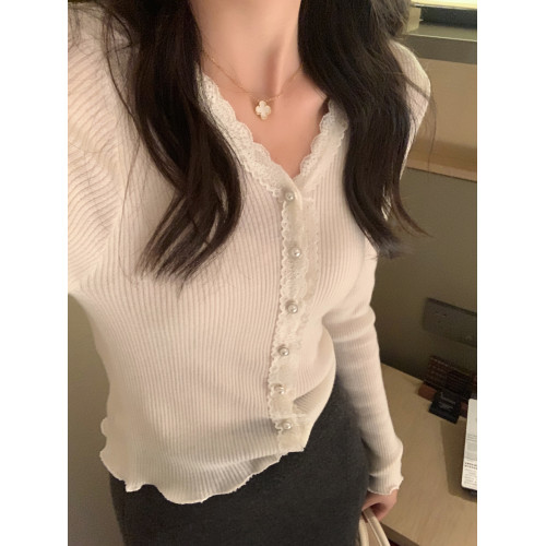 蕾絲花邊針織開衫女春秋季拼接v領打底衫上衣外搭薄款羊毛衫外套