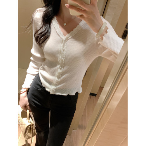 蕾絲花邊針織開衫女春秋季拼接v領打底衫上衣外搭薄款羊毛衫外套