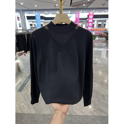 年輕媽媽鏤空鑲鑽半高領針織衫秋冬新款洋氣減齡打底衫中老年上衣