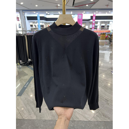 年輕媽媽鏤空鑲鑽半高領針織衫秋冬新款洋氣減齡打底衫中老年上衣