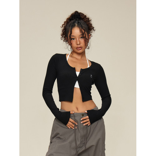 SMILE DDD美式復古短款辣妹針織衫修身薄款長袖開衫內搭打底衫女