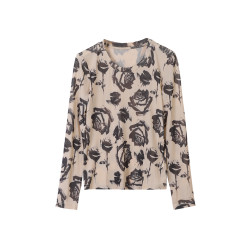 美佰儷2024秋冬新款玫瑰花印花圓領長袖恤女士修身顯瘦打底衫上衣