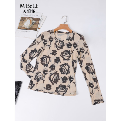 美佰儷2024秋冬新款玫瑰花印花圓領長袖恤女士修身顯瘦打底衫上衣
