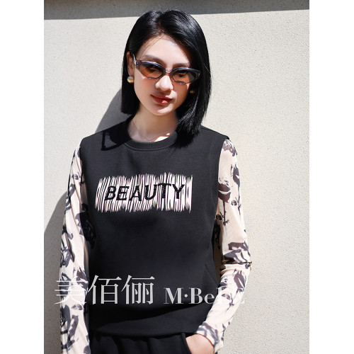 美佰儷2024秋冬新款玫瑰花印花圓領長袖恤女士修身顯瘦打底衫上衣