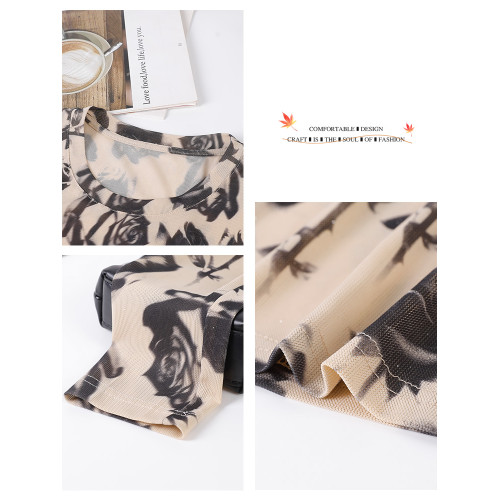 美佰儷2024秋冬新款玫瑰花印花圓領長袖恤女士修身顯瘦打底衫上衣