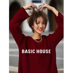Basic House/百家好慵懶風紅色毛衣女秋季新款內搭圓領針織打底衫