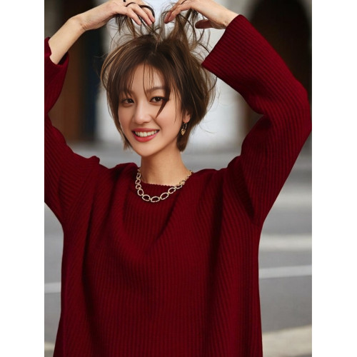 Basic House/百家好慵懶風紅色毛衣女秋季新款內搭圓領針織打底衫