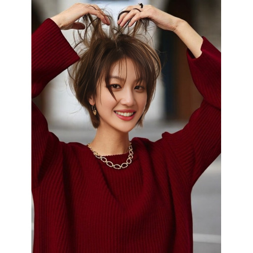 Basic House/百家好慵懶風紅色毛衣女秋季新款內搭圓領針織打底衫