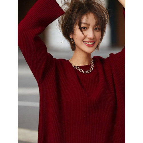 Basic House/百家好慵懶風紅色毛衣女秋季新款內搭圓領針織打底衫