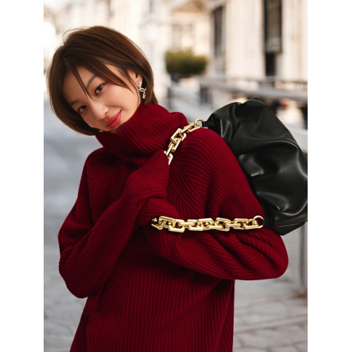 Basic House/百家好慵懶風紅色毛衣女秋季新款內搭圓領針織打底衫