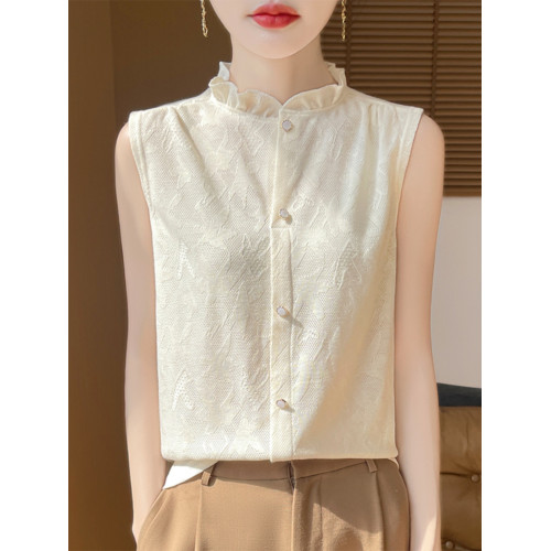 法式無袖夏季新款木耳邊打底衫女寬松春秋內搭荷葉領高級感背心