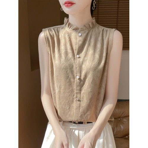 法式無袖夏季新款木耳邊打底衫女寬松春秋內搭荷葉領高級感背心