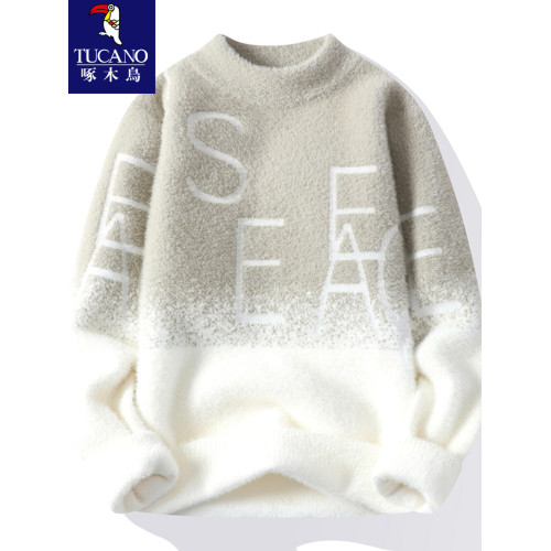 啄木鳥】水貂絨毛衣男秋冬季青少年半高領針織打底衫加厚保暖上衣