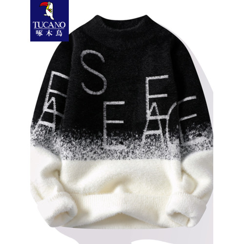 啄木鳥】水貂絨毛衣男秋冬季青少年半高領針織打底衫加厚保暖上衣