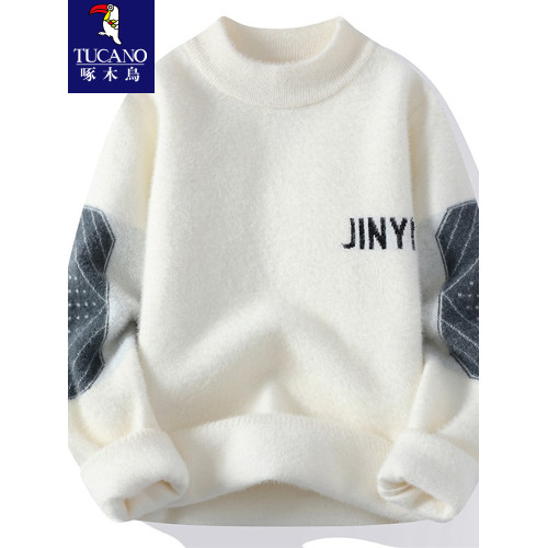 啄木鳥】水貂絨毛衣男秋冬季青少年半高領針織打底衫加厚保暖上衣