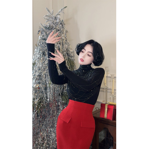 LYXJ【倫敦星辰】高領打底衫女2025新款春秋修身顯瘦燙鑽針織上衣