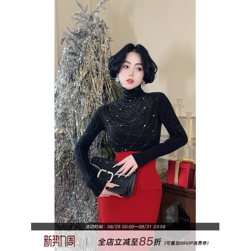 LYXJ【倫敦星辰】高領打底衫女2025新款春秋修身顯瘦燙鑽針織上衣