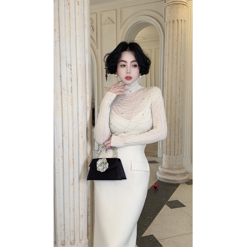 LYXJ【倫敦星辰】高領打底衫女2025新款春秋修身顯瘦燙鑽針織上衣