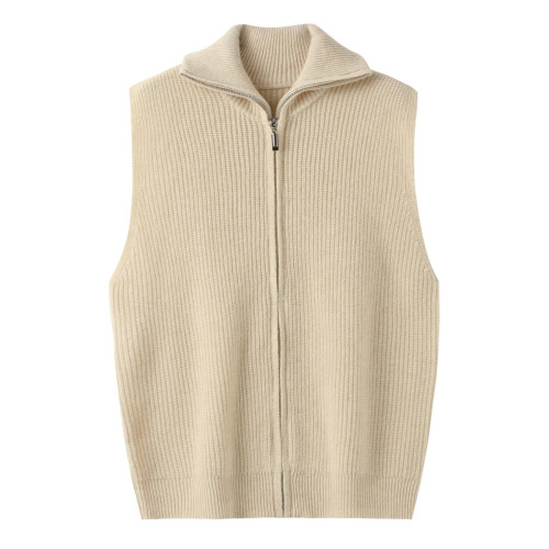 秋冬保暖寬松羊絨馬甲女新款無袖純色抽條高領拉鍊羊毛針織打底衫