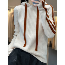 加厚保暖慵懶連帽套頭羊毛針織打底衫女秋冬新款抽條竪條羊絨毛衣